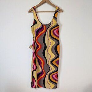 Almost Famous Wavy Groovy 70s Pattern Side Keyhole Knee Length Dress, Size L